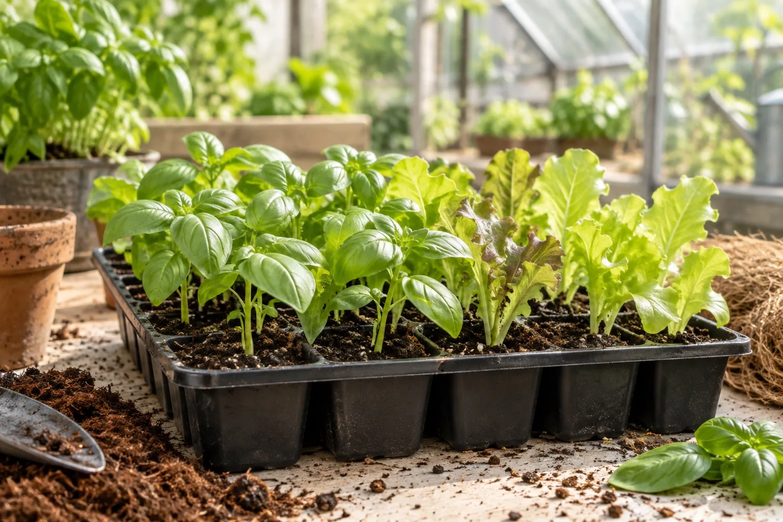 Jeunes plants de basilic et de laitue dans un plateau de propagation