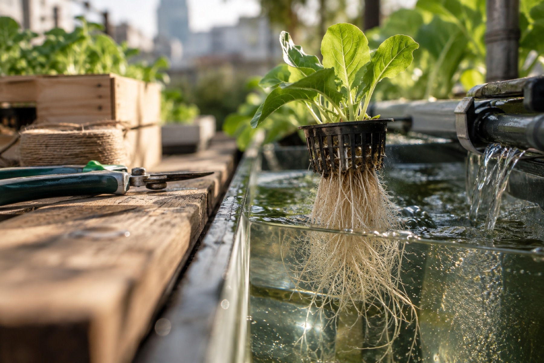 Racines d'un jeune plant hydroponique dans l'eau